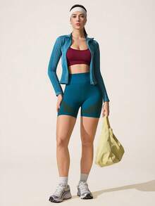 Core Rhythm Quần short thể thao dáng ôm, cạp trung, thoải mái, thoáng khí, phối màu tương phản, không đường may. - Màu xanh lá cây đậm - Xem 6