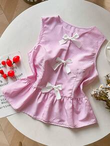 Sweetra Women's Spring/Summer French Romantic Pink Striped Hollow Lace-Up Bow Blouse - Pink - View 1