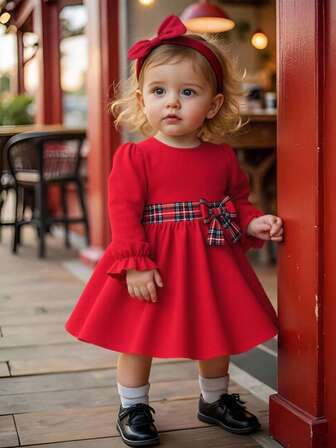 Souflis Souflis Vestido de línea A de manga farol de cuello redondo elegante de punto para niñas, decorado con un lazo a cuadros negro y rojo en la cintura, adecuado para fiestas y celebraciones festivas, otoño/invierno