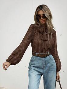 Aveloria Modichic Classic Retro Polka Dot Tie Front Semi-Sheer Blouse, French Style Elegant Business Casual Women  - Coffee Brown - View 2