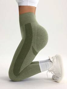 SHEIN Core Rhythm Quần legging cạp cao không đường may dành cho nữ - Quần legging ôm sát, nâng mông, kiểm soát vòng bụng, thích hợp cho chạy bộ, đạp xe, yoga, pickleball, tập thể dục và mặc thường ngày. - xanh quân đội - Xem 5