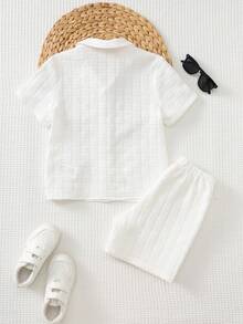 Cozy Pixies 2pcs Young Boy Set:Textured Knit Soft Collar Short Sleeve Cardigan And Elastic Waist Shorts,Summer Matching Family Vacation Button Up Linen Outfit - White - View 2