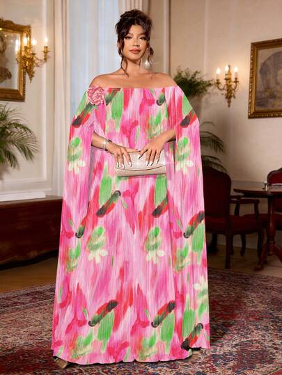 Cravure Plus Size Women Minimalist Knitted Long Sleeve Pleated Long Loose Dress, Random Floral Pattern, Pink