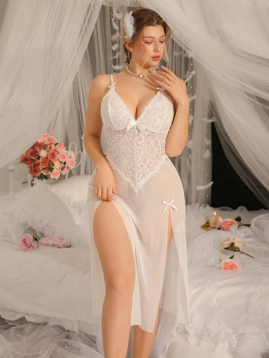 DelicateAllure Áo ngủ lưới gợi cảm dành cho người trưởng thành, váy ngủ lưới quyến rũ cho phòng ngủ, áo ngủ cỡ lớn gợi cảm và hấp dẫn. - trắng - Xem 1