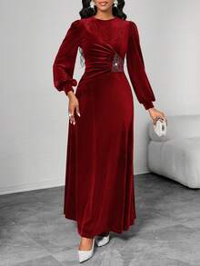 SHEIN Lady 蓝色华丽优雅天鹅绒长款女式连衣裙 - 酒紅色 - 查看 3