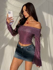 SHEIN EZwear Áo kiểu nữ màu đỏ rượu vang chấm bi, tay loe, trễ vai. - Màu Đỏ Sâu - Xem 5