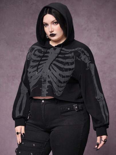 ROMWE Grunge Punk Plus Size Women Skull Skeleton Print Drawstring Hooded Short Sweatshirt