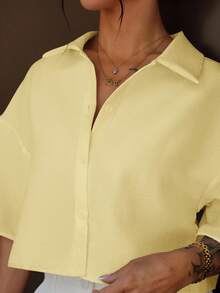 SAYEHFBABY Blusa corta tejida amarilla para mujeres - Amarillo - Ver 3