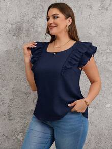 SHEIN Clasi Áo kiểu nữ cỡ lớn cổ vuông hai lớp tay ngắn có nơ - Màu xanh hải quân - Xem 4