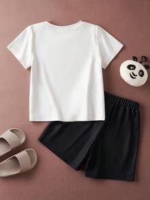 SHEIN Kung Fu Panda 2pcs/Set Young Boy Panda Print Casual Round Neck Short Sleeve T-Shirt And Shorts Pajama Set, Summer - Black and White - View 2