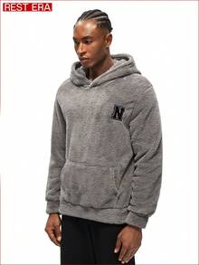 EasyFave Lightweight, Comfortable, Casual, Homewear, Soft, Plush, Coral Fleece, Can Be Worn Outdoors, Men's Loungewear Top, Hooded T-Shirt, Long Sleeve T-Shirt - Grey - View 4