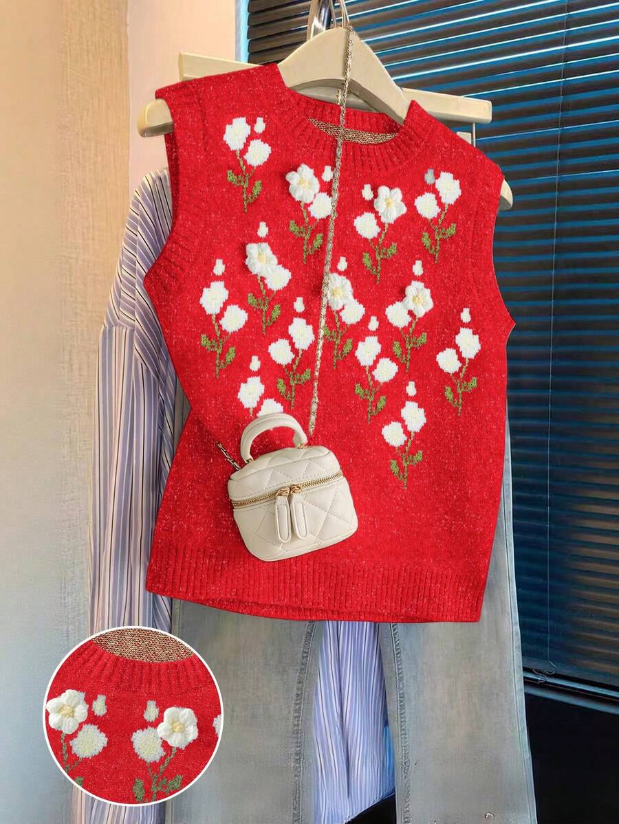Franclia 女士优雅时尚简约百搭通勤修身圆领花束图案3D花朵毛衣背心，秋冬款 - 紅色 - 查看 1