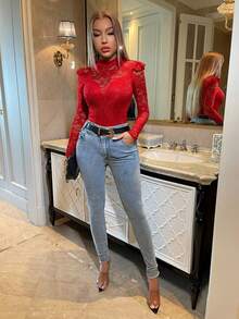 SHEIN SXY Áo liền thân dài tay màu đỏ phối ren, kiểu dáng mới dành cho nữ cỡ lớn mùa xuân/hè, thanh lịch và gợi cảm, thích hợp làm quà tặng Valentine. - Đỏ - Xem 5