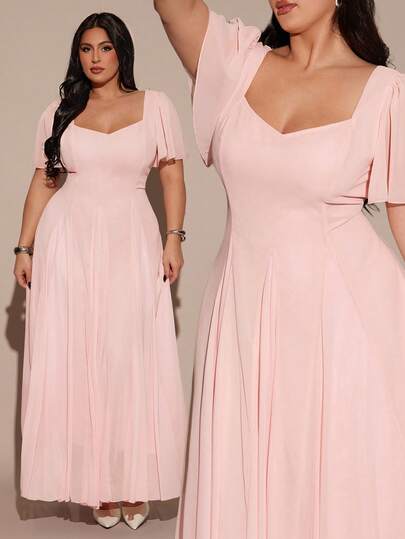 SHEIN BAE فستان قصير بأكمام قصيرة بلون أحادي بسيط للمقاسات الكبيرة