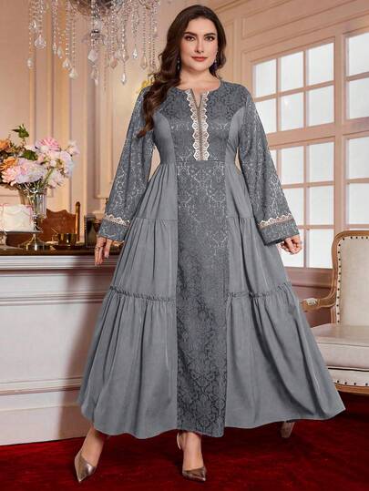 Al Najma Women's New Round Neck Flare Sleeve Jacquard Patchwork Fitted Flared Hem Elegant Plus Size Dress