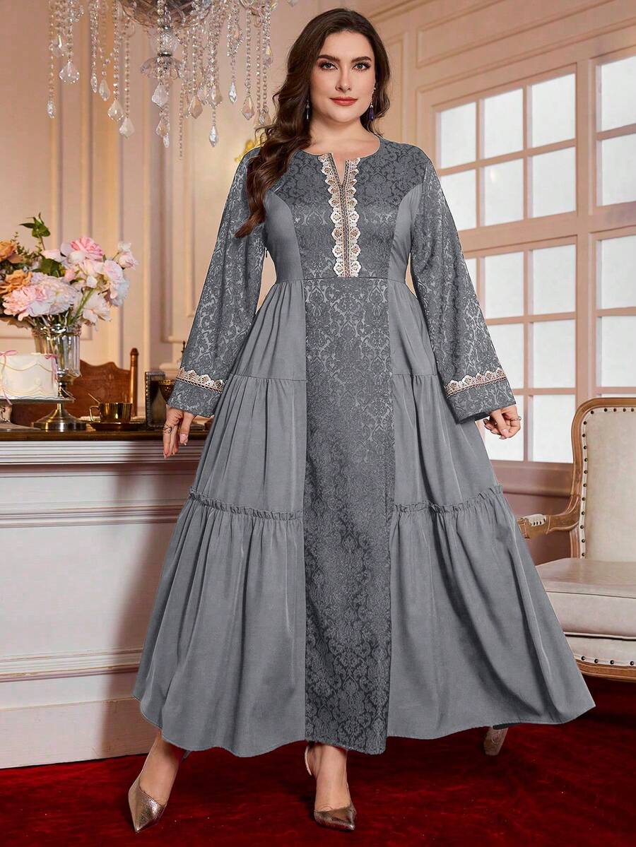 Al Najma 女士新款圆领喇叭袖提花拼接修身喇叭下摆优雅大码连衣裙 - 霧霾藍 - 查看 1