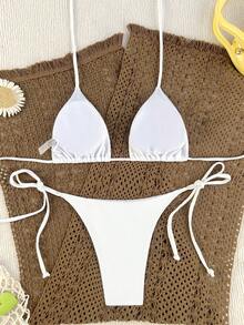 SHEIN Swim Summer Beach Mono Bikini Set Rib-Knit Triangle Bra & High Cut Bottom 2 Pieces Bikini - White - View 2