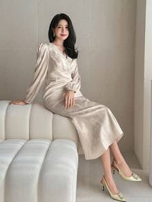 DAZY 女士优雅串珠V领泡泡袖长连衣裙，春夏婚礼宾客礼服/吊带裙 - 杏色 - 查看 7