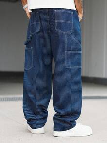 Manfinity Hypemode Men's Casual Street Style Multi-Pocket Patch Vertical Striped Blue Denim Jeans Blue Baggy Jeans Men - Dark Wash - View 6