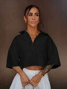SAYEHFBABY Woven Women's Casual Short Sleeve Crop Top - Black - View 4