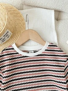 LMoss Kids 2pcs Baby Girl Knitted Striped Round Neck T-Shirt And Shorts Set - Pink - View 5