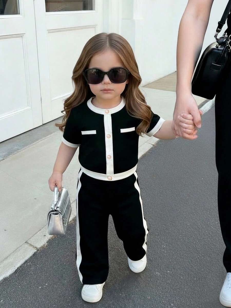 LMoss Kids Baby Girl Round Neck Faux Pearl Single-Breasted Short Sleeve T-Shirt And Elastic Waist Wide Leg Pants Casual Daily Outfit