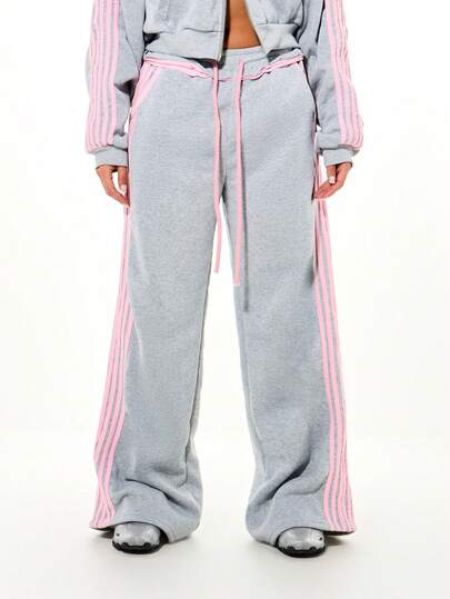 SUMWON WOMEN Oversized Wide Leg Joggers With Contrast Pink Side Stripe Detail Raw Edge Hem Drawstring Waist Casual Sweatpants For Valentine