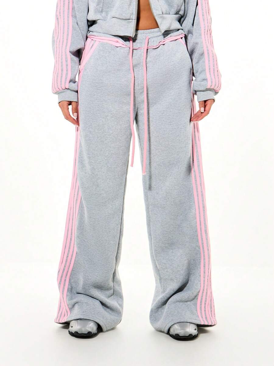 SUMWON WOMEN 宽松阔腿运动裤，侧边饰有撞色粉色条纹，裤脚采用毛边设计，腰部配有抽绳，休闲运动裤，情人节必备 - 灰色 - 查看 1