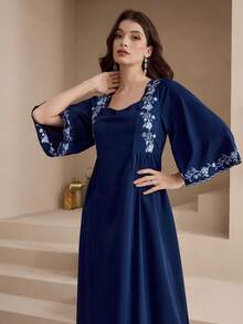 Yasmyna Đầm kiểu Ả Rập thêu hoa thanh lịch dành cho nữ - Màu xanh hải quân - Xem 4