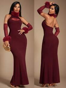 Radiana Women's Sexy Elegant Distinctive Burgundy Fluffy Collar Fitted Fishtail Dress, Includes Matching Fluffy Sleeve Cuffs, Stretchy Knit Fabric Hugs Curves, Red Dress, Sexy Backless Dress, Red Gown, Evening Dress, Annual Party Dress, Ball Gown, Banquet Dress, New Year Party Dress, Suitable For Dates, Gatherings, Banquets, Cocktail Parties, Clubs, Nighttime Outings, New Year's Eve, Christmas, Parties, Wedding Guest Dresses, Bridesmaid Dresses, Cocktail Parties, Graduation Dances, Holiday Attire - Burgundy - View 6