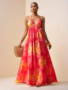 Zivah 2026春夏新款音乐节、复活节、圣帕特里克节、情人节、约会、西部风、游牧风、生日派对、毕业典礼、大学、学生、日常穿着、百搭基础款、休闲、度假、邮轮旅行、海滩、日光浴、热门款、街头风、婚礼宾客波西米亚风、通勤、早午餐、机场、派对、假日郊游、办公室着装、吊带A字长款扎染印花粉黄侧开衩连衣裙 - 粉色 - 查看 7