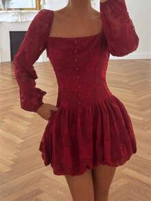 Glamine Elegant Sexy Women's Dress With Cutout Puff Sleeves And Square Neckline - Burgundy - View 2