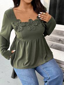 SHEIN Frenchy 大码女式方领立体花卉长袖收腰衬衫，绿色，适合各种场合。 - 綠色 - 查看 6