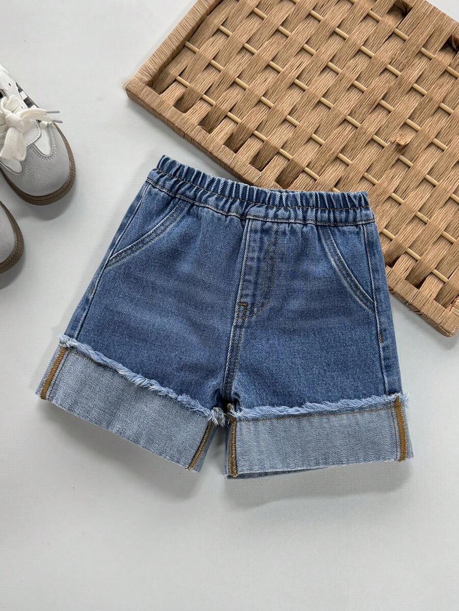 SHEIN Baby Boy Blue Patchwork Frayed Pocket Loose Denim Shorts - Medium Wash - View 1