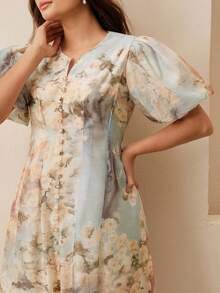 Anewsta Valentine Plus Size Women Elegant Puff Sleeve Pearl Button V-Neck Floral Print A-Line Dress - Apricot - View 2
