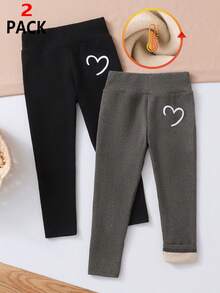 两件装女童爱心印花打底裤，带保暖内衬，适合日常休闲穿着，秋冬季 - 彩色 - 查看 1