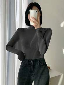 DAZY 女士秋季高领修身保暖内衬 T 恤长袖女上衣，秋季女装 - 深灰色 - 查看 4