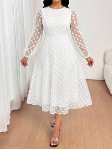 SHEIN Lady 大码女式波点网纱灯笼袖优雅连衣裙 - 白色 - 查看 3