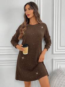 EMERY ROSE Women's Glitter Round Neck Long Sleeve Short Dress Jumper Dress Brown Dress Women Coffee Brown Dress Long Sleeve Dresses Woman - Coffee - View 8