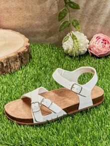 Mini mi #ComfortLite Kids' Triple-Buckle Cross-Strap Slingback Soft-Footbed Premium Faux Leather White Sandals – Secure, Comfy & Ultra-Light - White - View 7