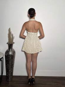 Andrea Bello Women's Sexy Polka Dot Print Deep V-Neck Backless Mini Dress, Vacation Style, Summer - Apricot - View 2