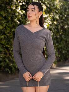 Andrea Bello V-Neck Knitted Women's Bodycon Sweater Dress, Autumn/Winter Fall Cloth For Women