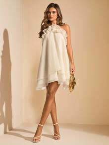 SHEIN BAE 杏色纹理露背荷叶边下摆女士夏季连衣裙，适合度假、海滩、早午餐、情人节、下午茶聚会等场合，优雅浪漫。 - 杏色 - 查看 6