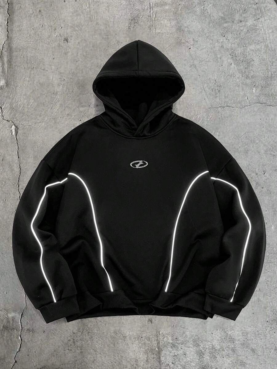 AXEPEAK 做旧水钻撞色连帽卫衣，休闲美式风格 - 黑色 - 查看 1