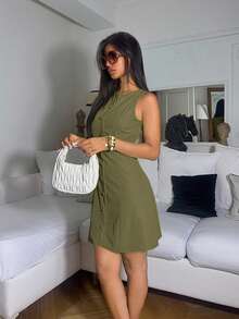 Ronhire Váy ngắn không tay một hàng khuy đơn màu đơn giản cho nữ, mùa hè - xanh quân đội - Xem 3
