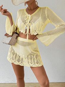 Swim Vcay Bộ kimono và chân váy màu trơn khoét eo, buộc dây phía trước dành cho nữ, thích hợp cho kỳ nghỉ. - Màu vàng - Xem 5
