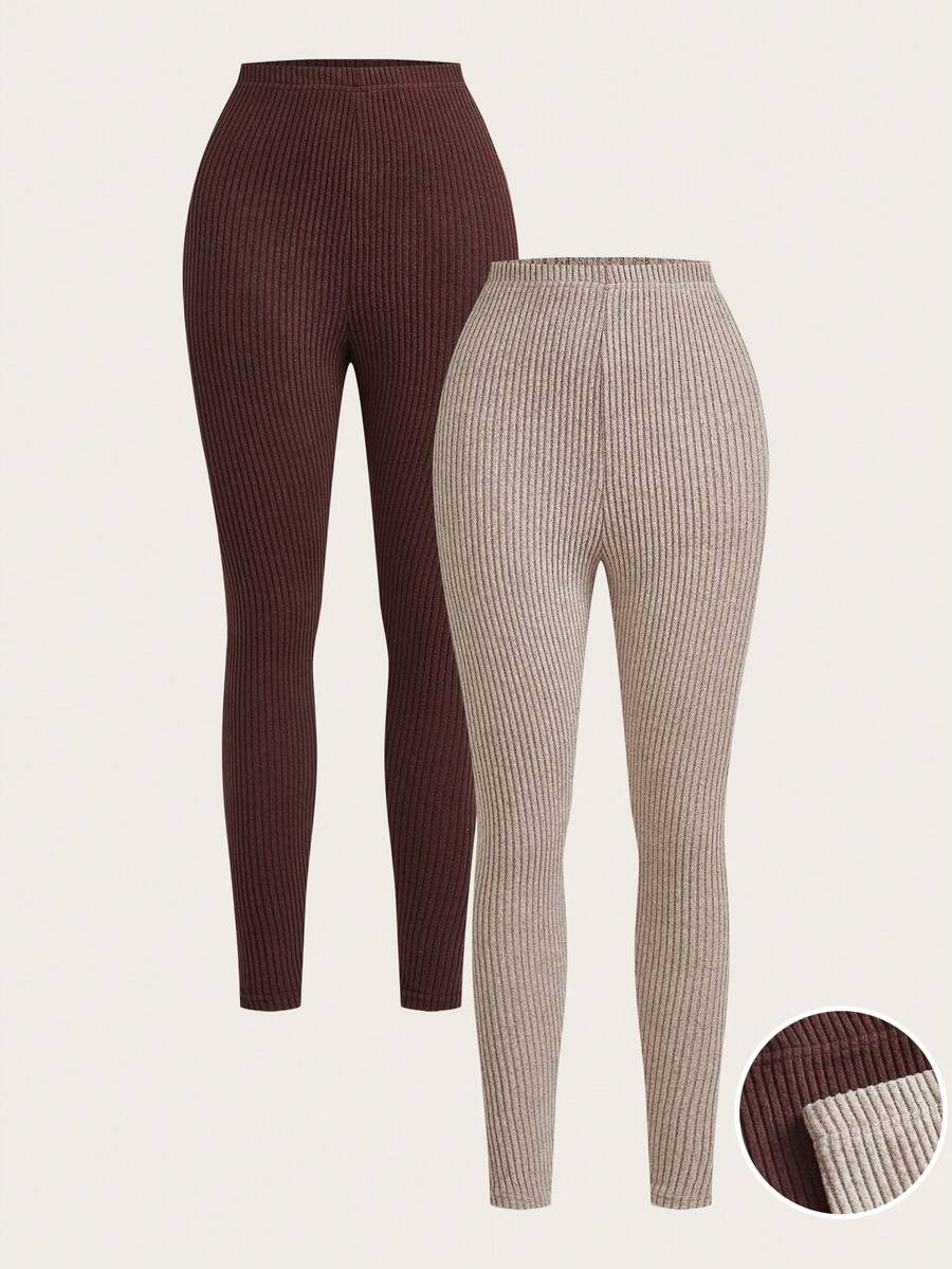 SHEIN PETITE Women's Solid Color Ribbed High Waist Skinny Pants - Brown - View 1