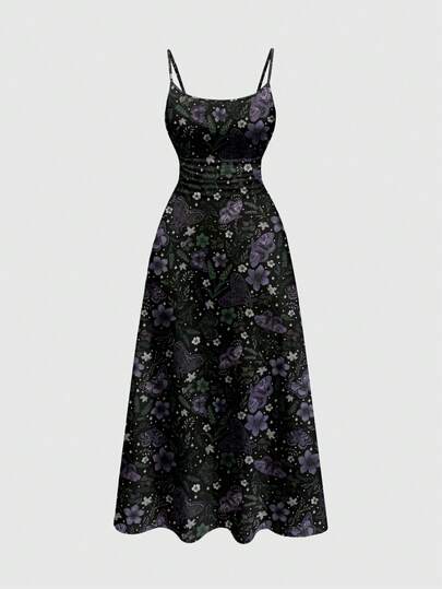 Hippie Boho Butterfly & Moth, Sun & Moon, Floral Print A-Line Ruched Dress For Women