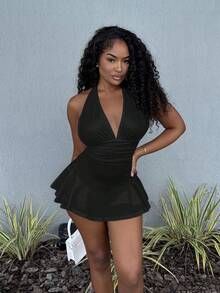 Alexandranx 女式露背高弹力腰部 A 字下摆紧身褶边连体裤 - 黑色 - 查看 4