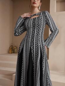 Al Najma Women's Elegant Geometric Print Patchwork Arabic Style Dress  Arabic-Style Long Kaftan Robe, Arabic Women's Dress, Turkish Dress, Abaya Robe, Traditional Women's Dress Arabic Style Long Dress Kaftan Jalabiya Dress Arabic Dress For Women Turkish Dress Abaya Dress Abaya For Women - Black - View 5